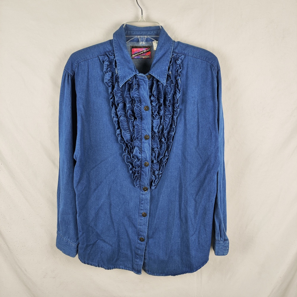 Vintage Panhandle Slim Shirt Womens Medium Blue Denim Ruffle Western Button Up